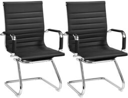 Yaheetech Faux Leather Dining Chair Ergonomic Office Chair, Black - set of 2 mid-back reception chairs, ergonomic design, sled base, covered armrests, stable & comfy for office & waiting room