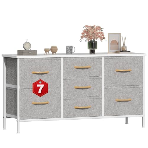 GoaHi Chest of Drawers, Small Dressers with Metal Frame and MDF Wooden Top Board, Adjustable Feet, Anti-Tip Safety, Storage Unit with 7 Drawers for Bedroom, Living Room, Closet, Office Light Gray