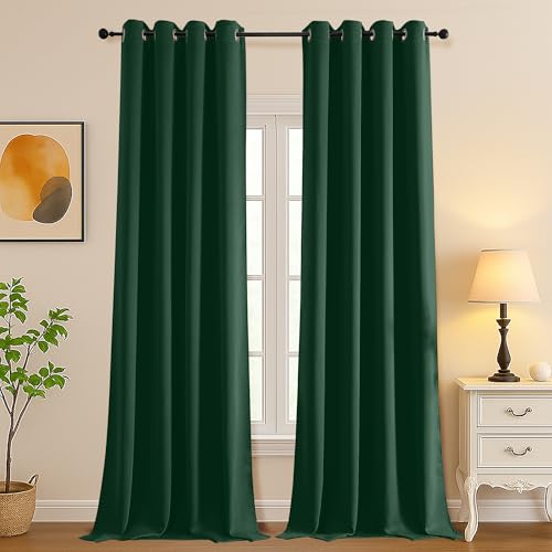Simplebrand Ever Green Room Darkening Curtains for Bedroom Living Room 108 Inches Long 2 Panels Set, Thermal Insulated Curtains & Drapes, Solid Grommet Noise Reducing Window Treatment, W50 x L108 Inch