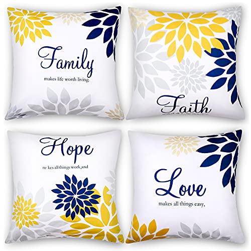 Tatuo 4 Pcs Flower Pillow Covers Square Summer Pillow Cushion Cases 18 x 18 Inch Family Faith Hope Love Words Decorative Spring Winter Cushion Case for Bed Couch Sofa Living Room(Yellow Series)