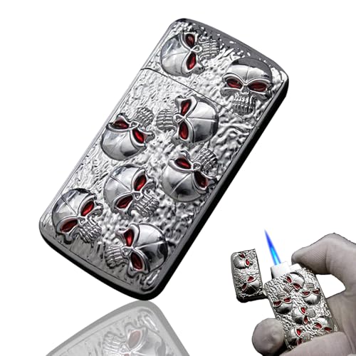 Cool Skull Lighter, Jet Torch Lighter, Refillable Butane Inflatable Lighter, Metal Windproof Lighter, Soft Flame Lighter, Unique Gift for Men, Candle Outdoor Camping (No Gas) (Silver)