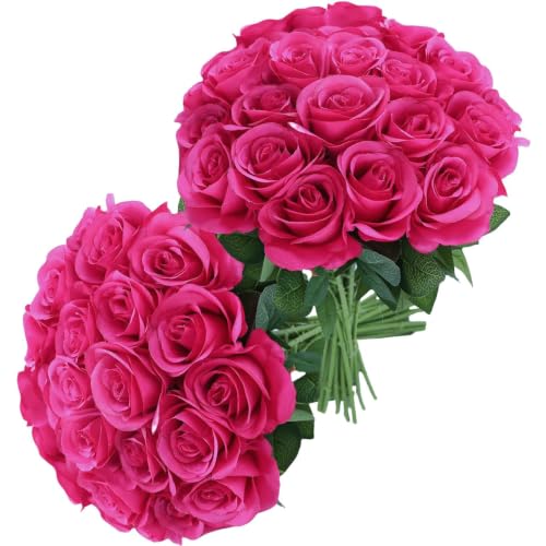 JUSMAI 30pcs Roses Artificial Flowers Real Touch Fake Flowers with Long Stems Silk Flowers for Wedding Bouquet Centerpices Decorations Party Bridal Baby Shower Home Decor (Hot Pink)