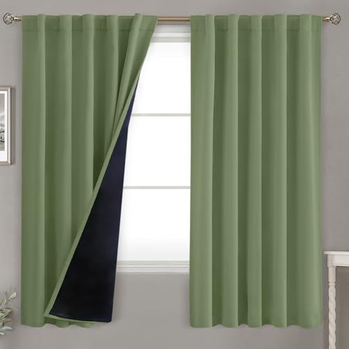 BGment Grass Green 100% Blackout Curtains 63 Inch Length with Reducing Noise Liner, Rod Pocket and Back Tab Double Layer Full Room Darkening Window Curtain for Bedroom, 2 Panels, Each 42 x 63 Inch