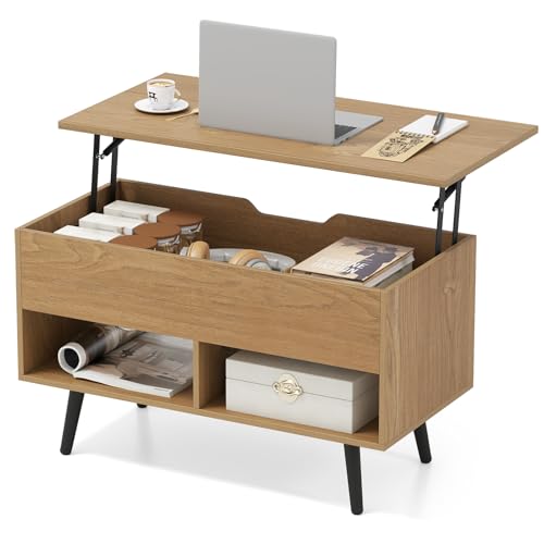 CASART Lift Top Coffee Table, Wooden Lifting Sofa Tea Table with Hidden Compartment & Open Shelves, Home Office Floating Retractable Snack Coffee Tables for Living Room Bedroom Study (Natural)