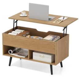 CASART Lift Top Coffee Table, Wooden Lifting Sofa Tea Table with Hidden Compartment & Open Shelves, Home Office Floating Retractable Snack Coffee Tables for Living Room Bedroom Study (Natural)