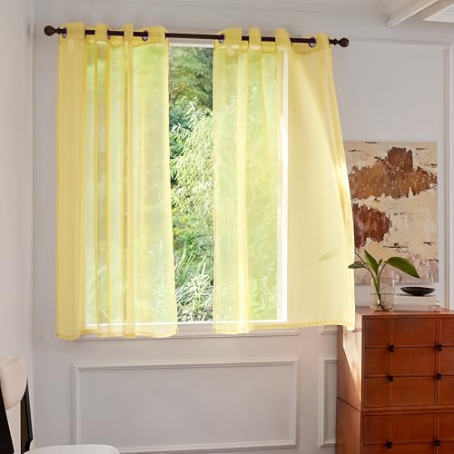 MISSTIAM Foil Stripe Mustard Sheer Curtains 72 inches Length 2 Panels with Grommets 52 inches Widith, Semi Transparant Curtains for Living Room and Multiple Rooms, Light Filtering Window Treatment