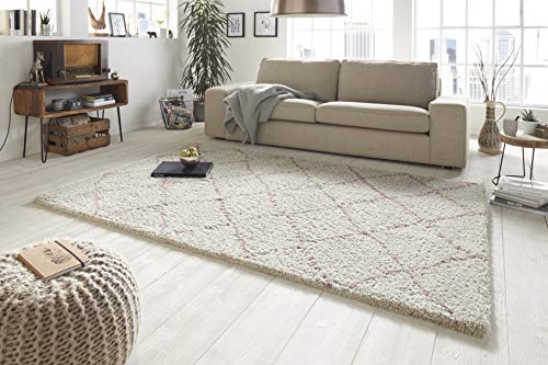 Mint Rugs Hash Rug High Pile Living Room Rug Soft Fluffy Long Pile Shaggy Flokati Diamond Pattern for Living Room Kitchen Hallway or Bedroom Cream Pink 80 x 150 cm