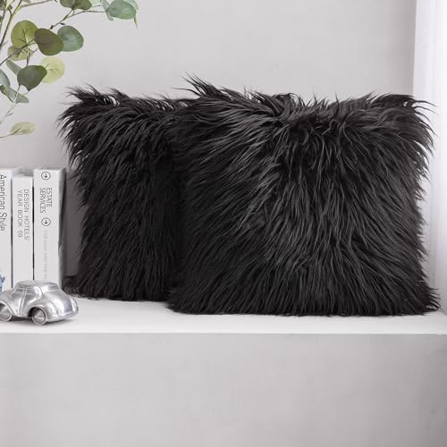 "PHANTOSCOPE Decorative New Luxury Series Merino Style Fur Throw Pillow Case Cushion Cover 18"" x 18"" 45cm x 45cm Black Set of 2"