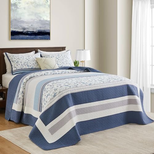 "FineStichery Oversized Quilt Bedspread Coverlet Set, 120""x120"" 100% Cotton Extra Large King Quilt, Blue Striped Botanical Pattern, Lightweight Soft Quilted Farmhouse Bedding Set"