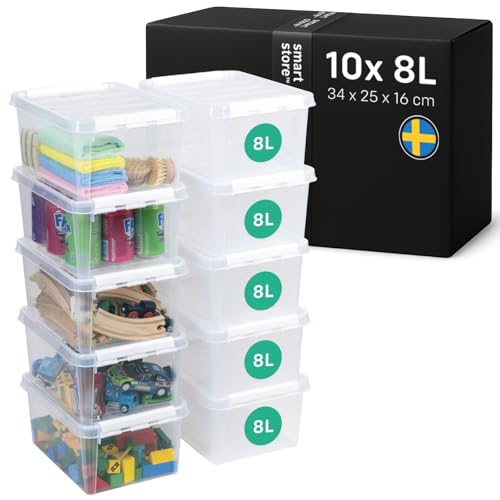 SmartStore Storage Boxes with Lids - 10x 8L box - 34x25x16cm - Stackable plastic storage box with lid for shoe, toy & craft storage - clear food-safe plastic boxes - storage containers