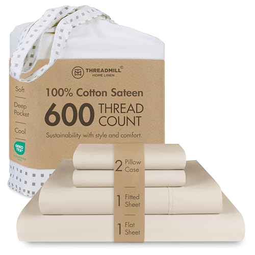 Threadmill Home Linen California-King Sheets - 100% Pure Cotton 600 Thread Count, 4 Piece Sateen Weave Light Beige Bed Set, Soft ELS Combed Cotton, Solid Bedsheets with Elasticized Deep Pocket