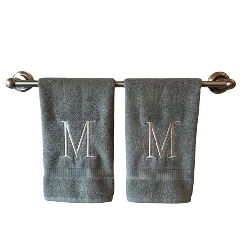 Gray with Silver Monogrammed Hand Towels for Bathroom - Set of 2 Letter M - Luxury Hotel Quality Initial Towels For Powder Room, Spa, GOTS Organic Certified