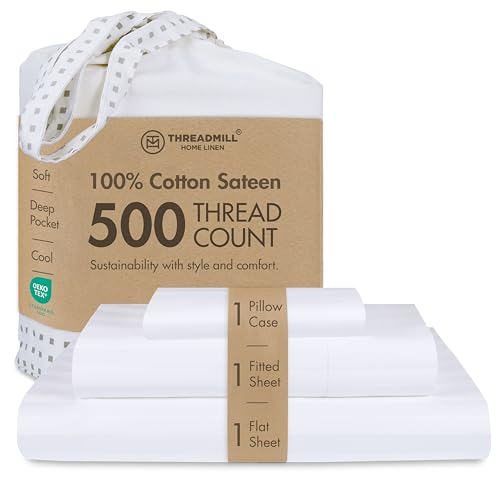 "Threadmill 500 Thread Count Twin Size Damask Stripe, 3 Pc Luxury Cotton Bedding Set, Breathable & Soft Stripe Hotel White Sheets with 15"" Elasticized Deep Pocket, 1 Pillowcase & Free Tote Bag"