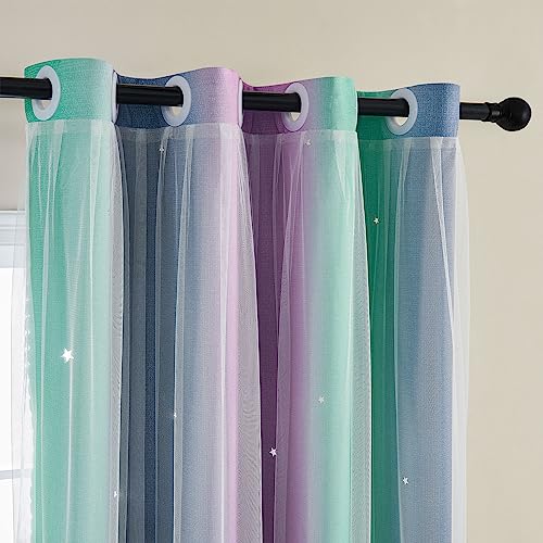 XiDi Curtains for Bedroom Decor, Rainbow Purplgreen grey52/45 - 52 x45 inch, Purple Green Grey layered curtain, kids and girls bedroom decor, white sheer overlay,room darkening, grommet top