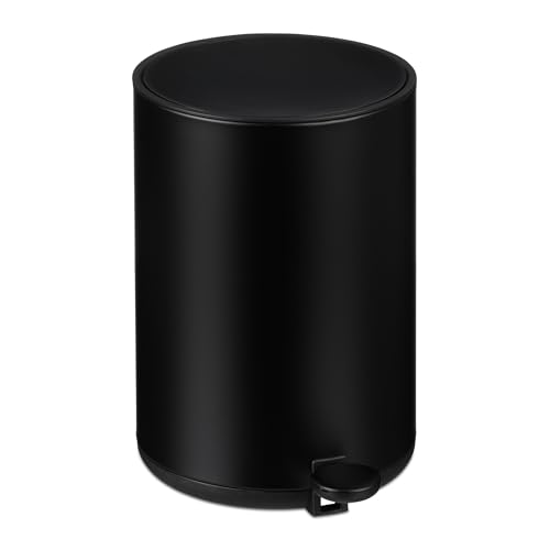 Relaxdays Bathroom Waste, 5L, Round, Soft-Close Cosmetics Trash Can, Matt Finish, Removable Inner Bin, Pedal, Black, Steel, 25 x 17 x 22 cm