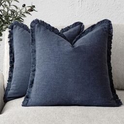 Foindtower Set of 2 Decorative Linen Fringe Throw Pillow Covers Cozy Farmhouse Boho Cushion Cover with Tassels Soft Accent Pillowcase for Couch Sofa Bed Living Room Home Decor 20×20 Inch Navy Blue