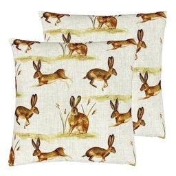 Evans Lichfield Country Running Hares Polyester Filled Cushion - Twin Pack, Multicolour, 43 x 43cm