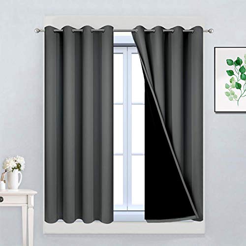 Yakamok Dark Gray 100% Blackout Curtains Energy Saving Thermal Insulated 2 Thick Layers Completely Blackout Drapes with Black Liner for Bedroom (52Wx45L,Dark Grey, 2 Panels)