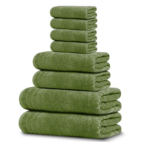 Tens Towels Pack of 8 Towels Set, 2 Extra Large Bath, 2 Hand, 4 Washcloths, 100% Cotton, Lighter Weight, Quicker to Dry, Super Absorbent, Perfect for Bathroom, Green