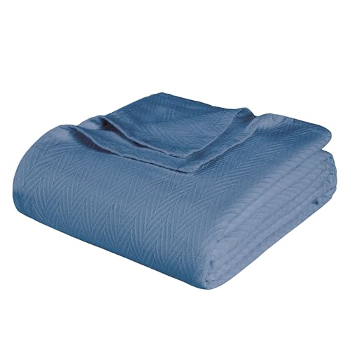 Superior Metro All-Season Cotton Blanket, Woven Blanket for Couch, Bed, Bedding, Farmhouse, Home Essentials, Cute and Cozy Bohemian Blankets, Herringbone Weave, King, Denim Blue