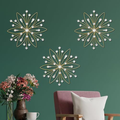 ZEXUIRU 3 Set Gold Metal Jeweled Wall Art Bling Crystal Home Décor Star Sun Rhinestone Wall Hanging Diamond Accents