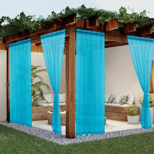 youleyar Sheer Outdoor Curtains for Patio Waterproof 2 Panels Linen Look Rod Pocket Indoor Aqua Voile Curtain for Living Room, Bedroom, Porch, Pergola, Cabana, Gazebo(52x120 Inch, Aqua)