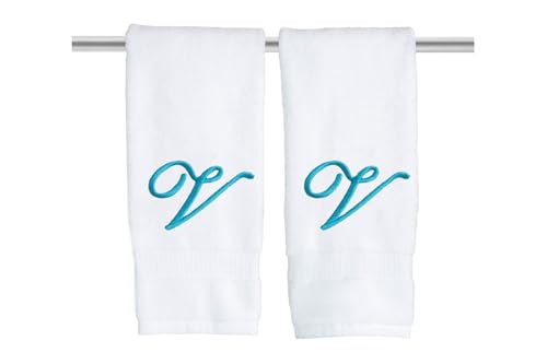 White Monogrammed Hand Towels for Bathroom - Luxury Hotel Quality Personalized Initial Embroidered Towel for Powder Room, Spa - GOTS Organic Certified - Set of 2 Teal Letter V