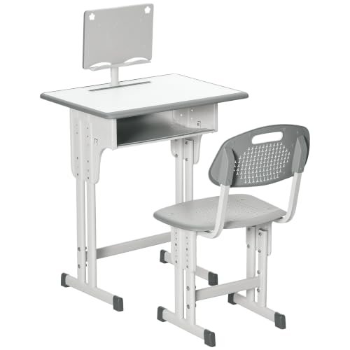 HOMCOM Kids Desk and Chair Set Adjustable Height Drawer Book Stand Grey