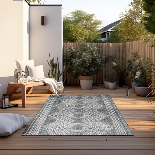 Elle Decoration Indoor and Outdoor Rug - Reversible Rug Weatherproof & Waterproof - Modern Boho Ethnic Pattern Geometric Outdoor Rug for Garden, Balcony, Patio, Living Room - Green, 160 x 230 cm