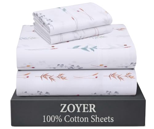 ZOYER 100% Cotton Percale Sheets King ??? Cooling Breathable Bed Sheets for Hot Sleepers, Crisp Hotel Style Bedding, Deep Pocket 16???, Lightweight Soft Durable 4 Pcs Sheet Set, Fairy Meadows