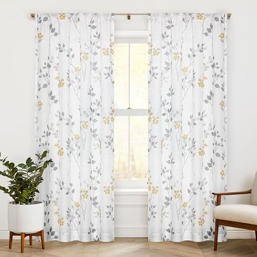 Beauoop Floral Linen Semi Sheer Curtains Living Room Yellow Grey 50x108x2 - Farmhouse Flower Patterned Yellow White Light Filtering Drapes for Bedroom 2 Panels Textured Window Treatment Rod Pocket