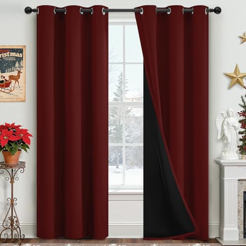 Yakamok 100% Blackout Curtains for Bedroom 84 Inch Length, Total Light Blocking Drapes with Black Backing, Thermal Insulated Solid Grommet Panels for Living Room, 42Wx84L, Burgundy Red, 2 Panels