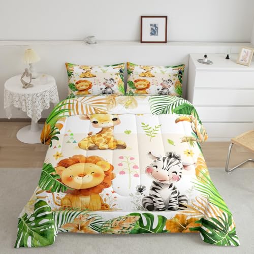 jejeloiu Kids Zoo Animal Bedding Set Toddle Size Cute Animal Comforter Set for Boys Girls Teens Lion Giraffe Elephant Duvet Set Tropical Leaves Quilt Set 2Pcs