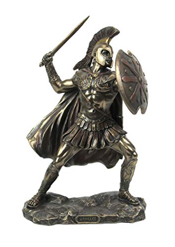 Veronese Design Achilles Trojan War Hero Holding Spear and Shield Tabletop Statue Achilleus