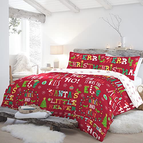 Fusion - Christmas Phrases Duvet Cover - Double Bedding Size (200 x 200cm) - Reversible (2 Designs) - 2x Pillowcases Included - Snowflakes Duvet Cover - Christmas Bedding in Red & White - Xmas Decor