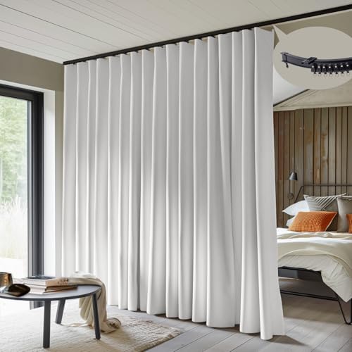 MaKefeile Room Divider Curtains with Flexible Ceiling Curtain Tracks Set,100% Blackout Floor to Ceiling Curtains Patio Sliding Door Curtains (White Drape & Black Rail W 15 ?? H 7 FT)