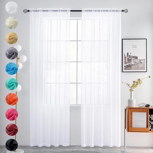 youleyar Sheer Rod Pocket Curtain Voile Draperies 2 Panels White Beige Black Grey Coffee 52 Inch Width 63 Inch Long 1 Pair for Kitchen Bedroom Children Living Room Yard (Optical White,52W???63L)