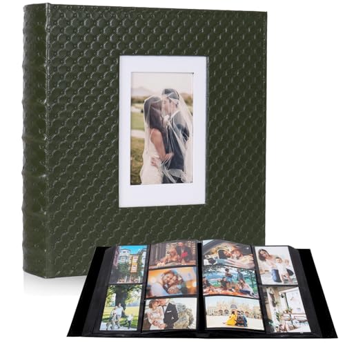 RECUTMS Photo Album 4x6 600 Photos Black Inner Page Button Grain Leather Big Capacity Pockets Pictures Album Birthday Christmas Wedding Anniversary (Dark Green)