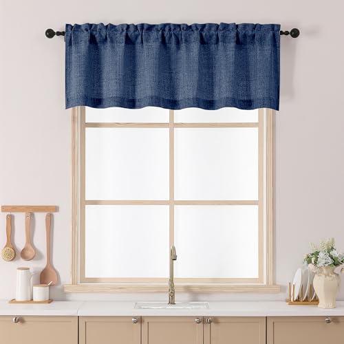 Chyhomenyc Navy Blue Valance for Windows, Light Filtering Faux Linen Slub Textured Small Kitchen Valance, Rod Pocket Top Window Short Curtain for Bathroom Basement Farmhouse, 60Wx16L Inch, 1 Panel