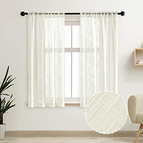 SHINELAND Cream Short Sheer Curtains 54 Inch Length, Linen Textured Curtains for Kitchen Bedroom, Off White
