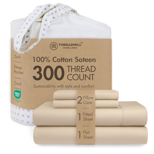Threadmill Full-Size Sheets - Pure Long Staple Cotton Sateen Weave, 4 Piece 300 Thread Count Bedsheet Set, Solid Light Beige Sheets with Elasticized Deep Pocket