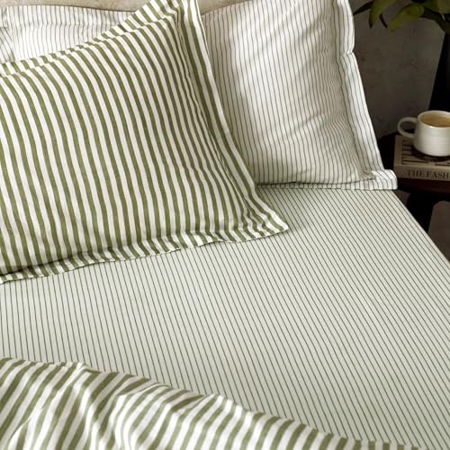 Yard Hebden Narrow Stripe Fitted Sheet – Ultra Soft 100% Cotton Striped Bed Sheet (Olive – Single – 90x190x32cm)