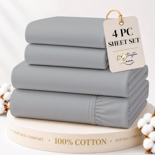 Cottington Lane 100% Cotton Twin Sheet Set, 4 Piece Silver Grey Luxury Hotel Quality Sheets, Deep Pocket Fits 8-16 Inch Mattress, Soft, Durable, Cooling & Breathable Bedding for Twin Bed