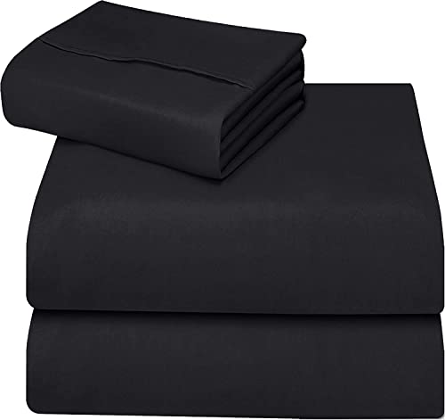 ComfyWell Single Fitted Sheet - Bed Sheets Single Bed Deep Pocket (35 cm) - Soft Brushed Microfibre Fabric Black Bedding.(Single (90x190cm), Black)