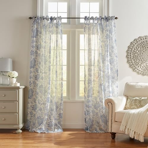 "Elrene Floral Tie-Top Sheer Window Curtain Panel, Poly-Linen Blend, Indigo, 52"" W x 84"" L (Pack of 1)"