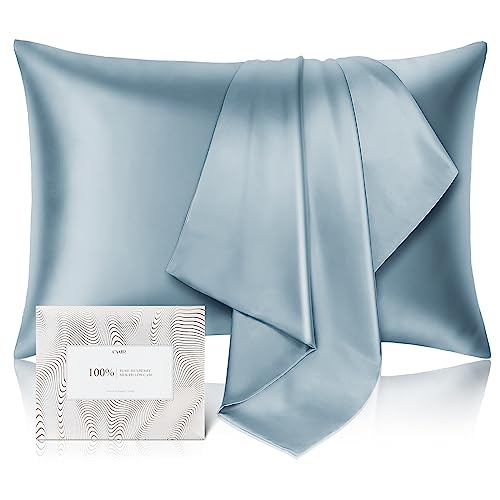 100% Pure Mulberry Silk Pillowcase for Hair and Skin - Allergen Resistant Dual Sides,600 Thread Count Silk Bed Pillow Cases with Hidden Zipper,1pc,King Size,Grey Blue