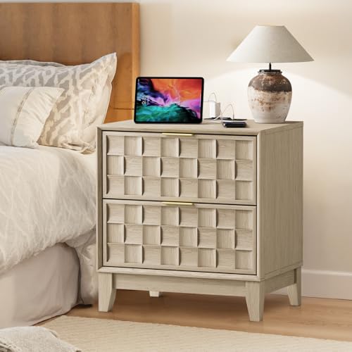 COLAMY Bedside Table with Charging Station, 22 Inch Modern Bed Side Table with 2 Storage Drawers and Chess Board for Bedroom, Dorm and Small Spaces - Oak
