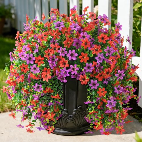 ZFProcess Artificial Hanging Flowers for Outdoors, 2 Pcs Fake Hanging Plant Spring Summer Decoration, UV Resistant No Fade Faux Flower for Porch Patio Yard Window Home Decor(Red Purple)