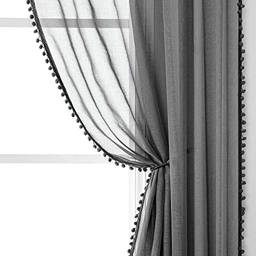 MISS SELECTEX Linen Look Pom Pom Tasseled Sheer Curtains - Rod Pocket Voile Semi-Sheer Curtains for Living and Bedroom, Set of 2 Curtain Panels (52x84inch, Dark Grey)