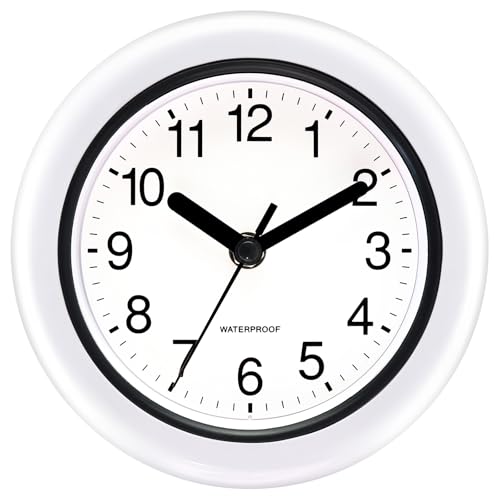 Caysie 6.5 Inch Sealed Small Indoor Outdoor Clock Waterproof, Hanging or Standing Silent Battery Operated Wall Clocks for Pool Patio Bathroom Shower (White)